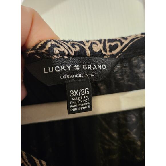 Lucky Brand Boho Blouse Black Tan Floral Print 3X Plus Size Keyhole Top Flow EUC - Picture 2 of 8
